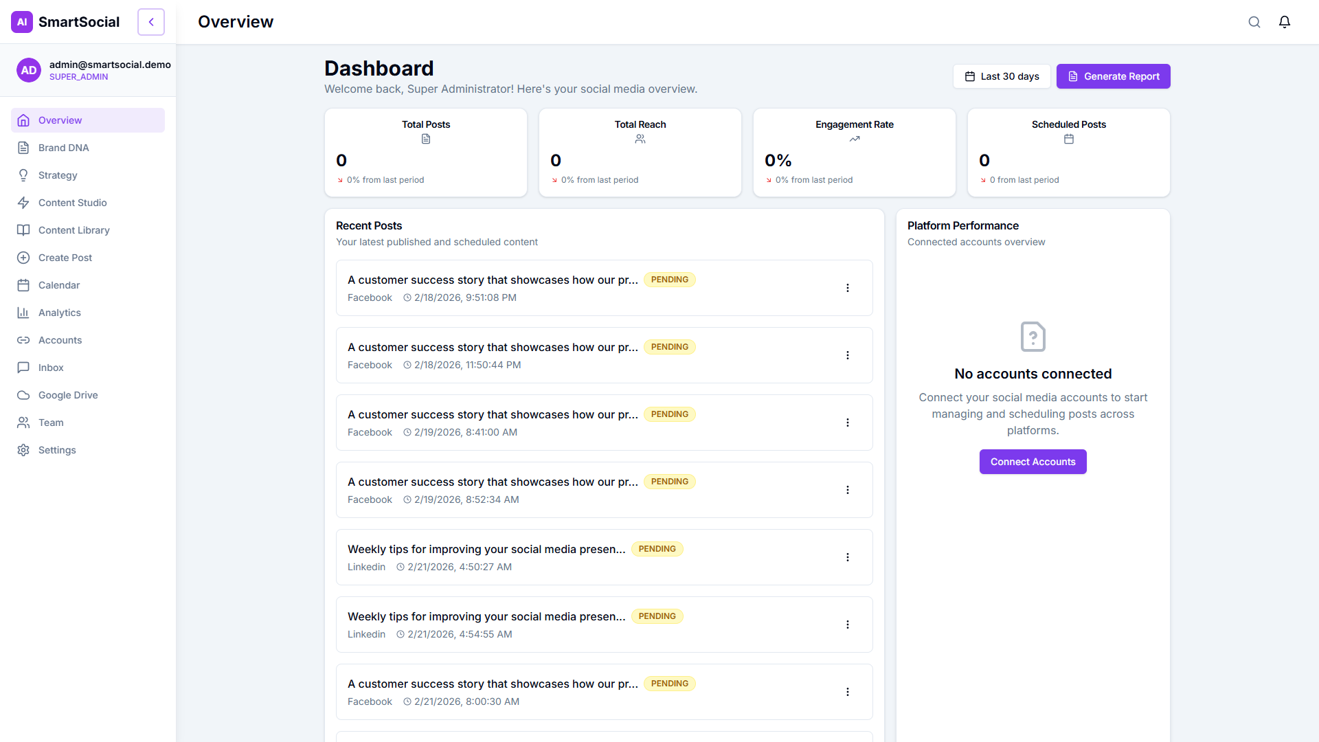 SmartSocial Dashboard — AI-powered social media management for 14 platforms